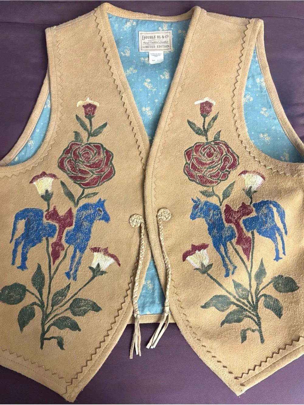 Ralph Lauren Double RL Tan Suede Vest with Blue Horses and Red Rose Embroidery - Picture 1 of 4